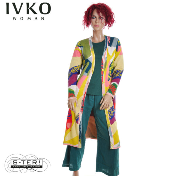 S8.3 Ivko V-neck coatigan maximalist tropics pattern 251602.050 yellow - Afbeelding 5