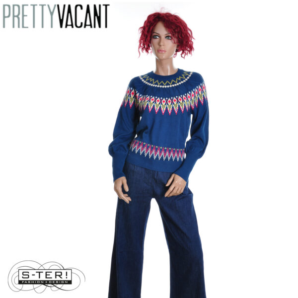W39.6  PRETTY VACANT OSLO CABLE FAIRISLE SWEATER BLUE - Afbeelding 3