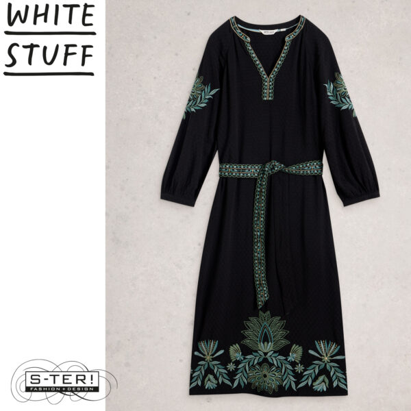 W18.31 WHITE STUFF EVIE EMBROIDERED DRESS BLK MLT 444721 - Afbeelding 2