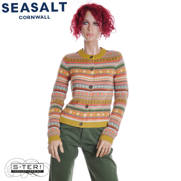 W7.11 Seasalt Cornwall COVE COTTAGE CARDIGAN CARVED RELIEF PEAR MULTI