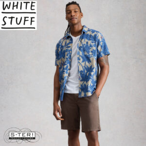 Z18.63 WHITE STUFF HAYLE SS PALMS PRINT SHIRT446454 NAVY PR