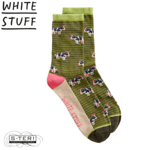 Z18.48 WHITE STUFF NOVELTY COW ANKLE SOCK 445171 GREEN MLT
