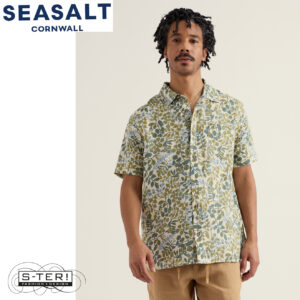 Z7.63 Seasalt Cornwall MEN'S blue heron short sleeve shirt winding herbs ecru