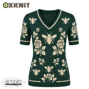 OXKNIT DAMES TOP GREEN BEE AND FLOWERS